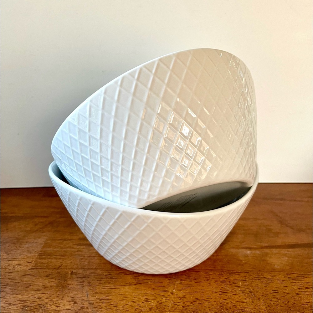 Set of 2 Over and Back Bowls, What A Dish, White, Embossed Criss Cross, Diamond